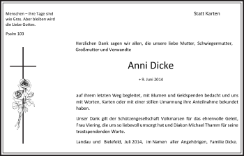 Traueranzeige von Anni Dicke von HNA