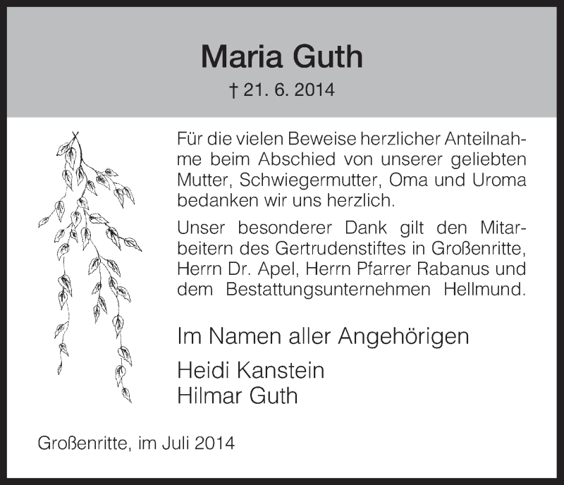  Traueranzeige für Maria Guth vom 26.07.2014 aus HNA