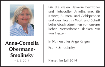 Traueranzeige von Anna-Cornelia Obermann-Smolinsky von HNA