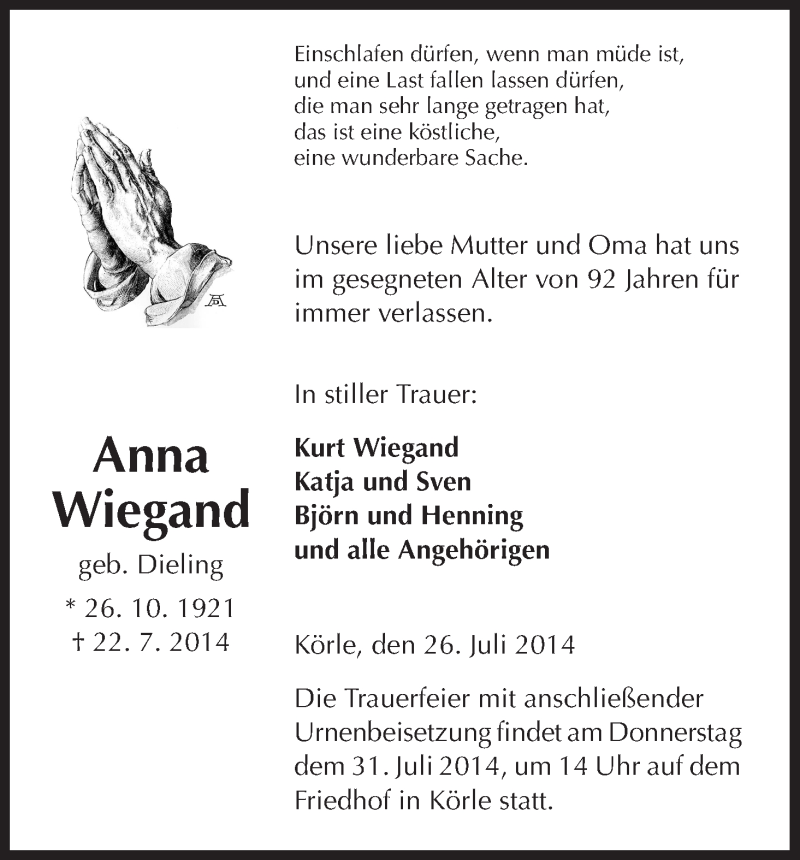  Traueranzeige für Anna Wiegand vom 26.07.2014 aus HNA