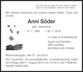 Traueranzeige von Anni Söder von HNA