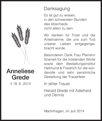 Traueranzeige von Anneliese Grede von HNA