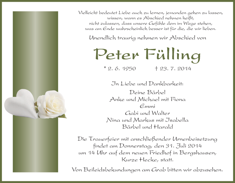  Traueranzeige für Peter Fülling vom 29.07.2014 aus HNA