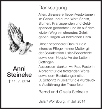 Traueranzeige von Anni Steineke von HNA