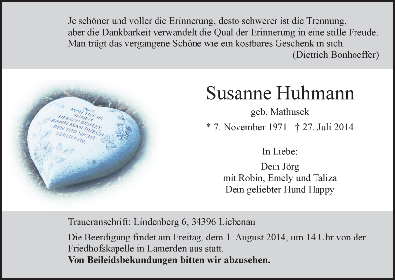 Traueranzeige für Susanne Huhmann vom 29.07.2014 aus HNA