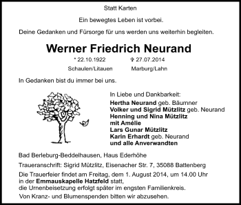 Traueranzeige von Werner Friedrich Neurand von HNA