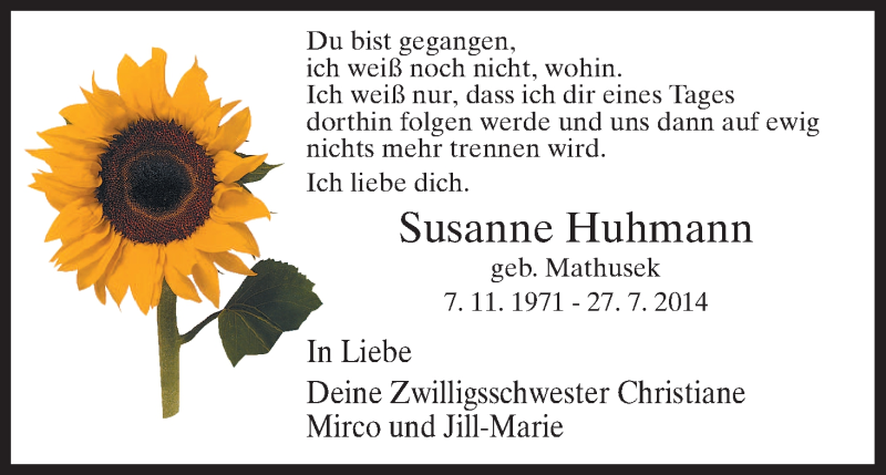  Traueranzeige für Susanne Huhmann vom 31.07.2014 aus HNA