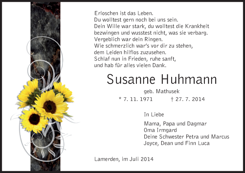  Traueranzeige für Susanne Huhmann vom 30.07.2014 aus HNA