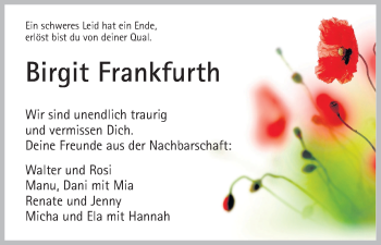 Traueranzeige von Birgit Frankfurth von HNA