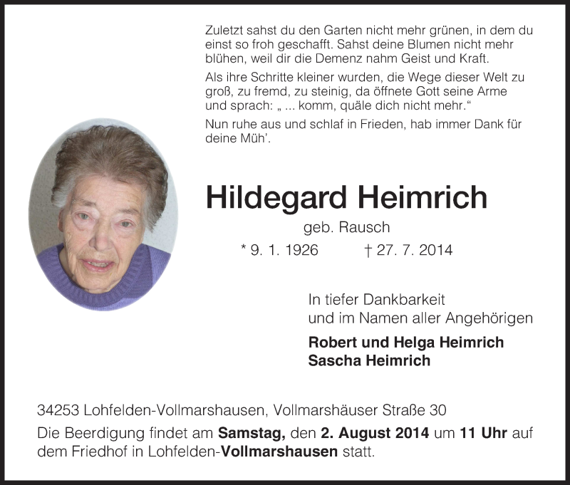 Traueranzeige für Hildegard Heimrich vom 31.07.2014 aus HNA