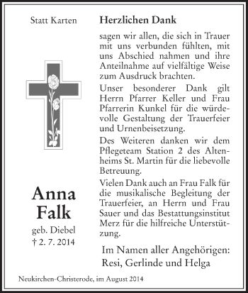 Traueranzeige von Anna Falk von HNA