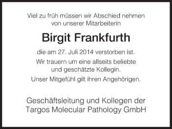 Traueranzeige von Birgit Frankfurth von HNA