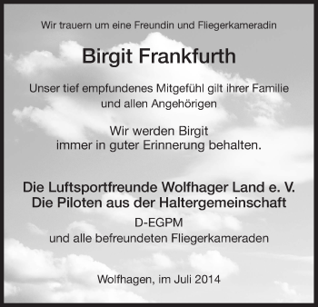 Traueranzeige von Birgit Frankfurth von HNA