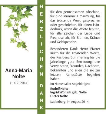 Traueranzeige von Anna-Maria Nolte von HNA