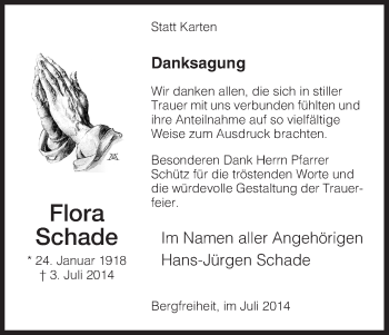 Traueranzeige von Flora Schade von HNA