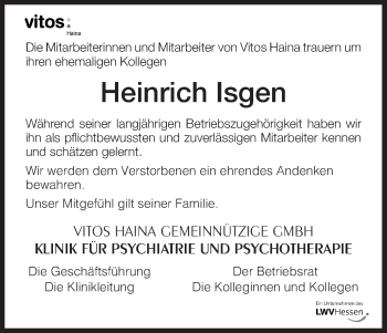 Traueranzeige von Heinrich Isgen von HNA