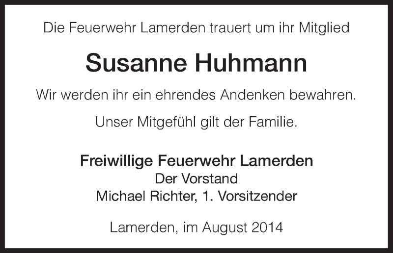  Traueranzeige für Susanne Huhmann vom 01.08.2014 aus HNA