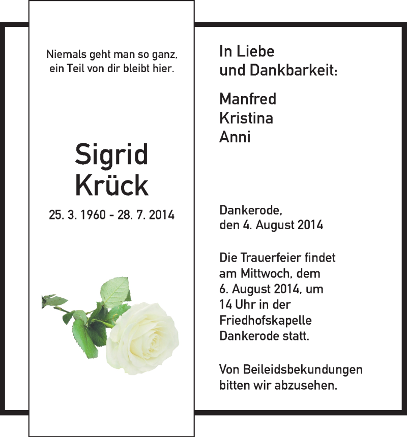  Traueranzeige für Sigrid Krück vom 04.08.2014 aus HNA