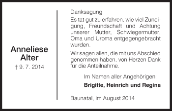 Traueranzeige von Anneliese Alter von HNA