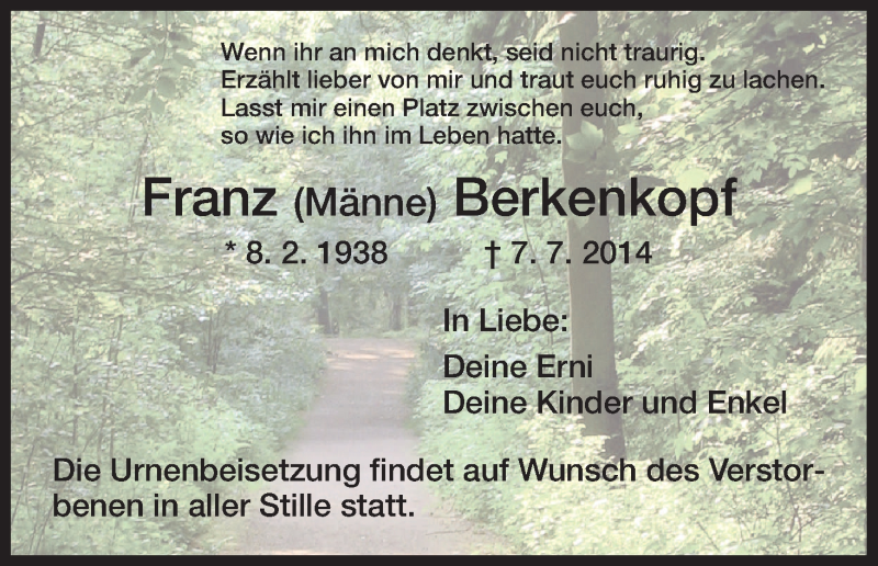  Traueranzeige für Franz Berkenkopf vom 02.08.2014 aus HNA