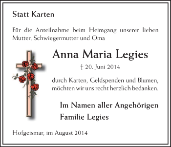 Traueranzeige von Anna Maria Legies von HNA