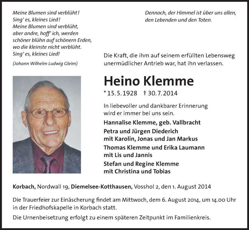  Traueranzeige für Heino Klemme vom 01.08.2014 aus HNA