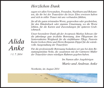 Traueranzeige von Alida Anke von HNA
