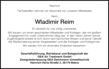 Traueranzeige von Wladimir Reim von HNA