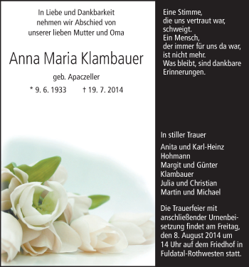 Traueranzeige von Anna Maria Klambauer von HNA