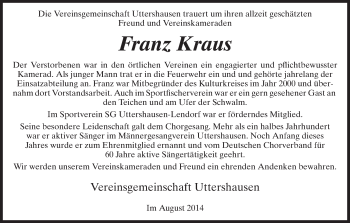 Traueranzeige von Franz Kraus von HNA