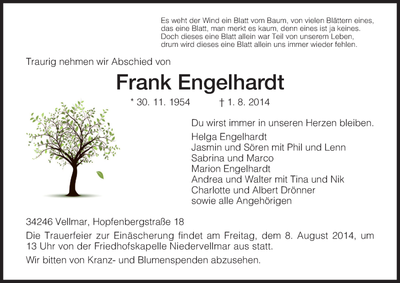  Traueranzeige für Frank Engelhardt vom 06.08.2014 aus HNA