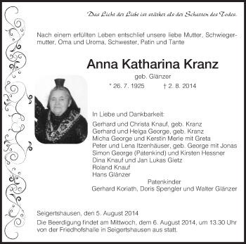 Traueranzeige von Anna Katharina Kranz von HNA