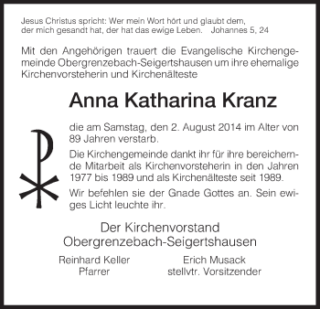 Traueranzeige von Anna Katharina Kranz von HNA
