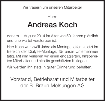 Traueranzeige von Andreas Koch von HNA