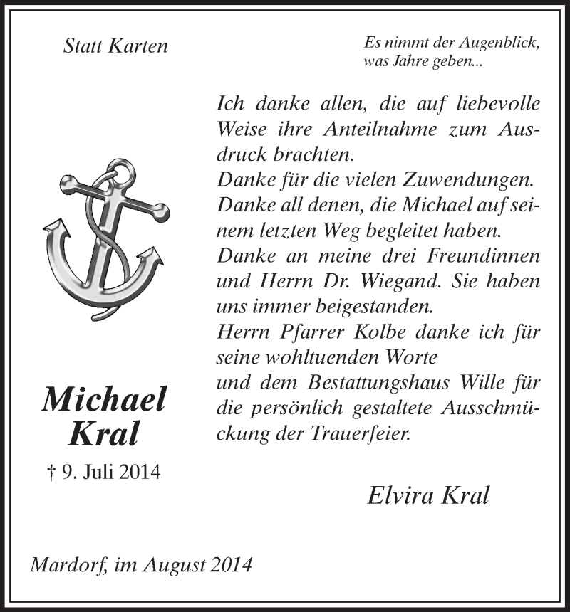  Traueranzeige für Michael Kral vom 09.08.2014 aus HNA