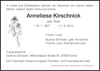Traueranzeige von Anneliese Kirschnick von HNA