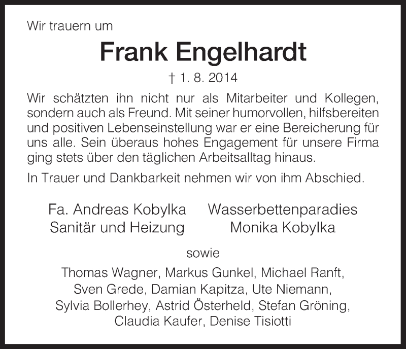  Traueranzeige für Frank Engelhardt vom 06.08.2014 aus HNA