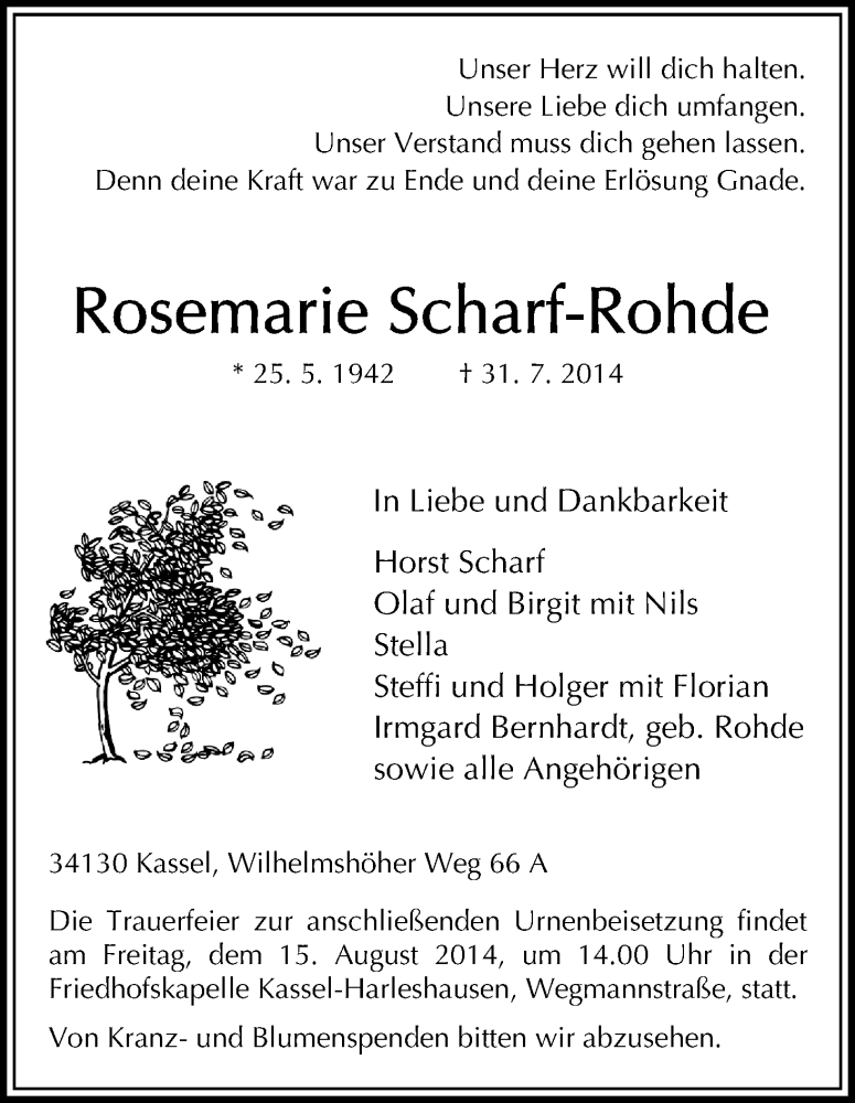  Traueranzeige für Rosemarie Scharf-Rohde vom 09.08.2014 aus HNA