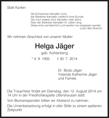 Traueranzeige von Helga Jäger von HNA