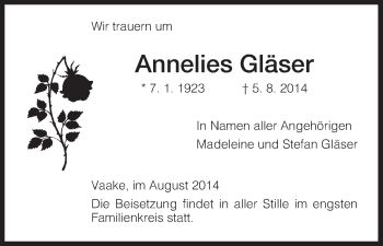 Traueranzeige von Annelies Gläser von HNA