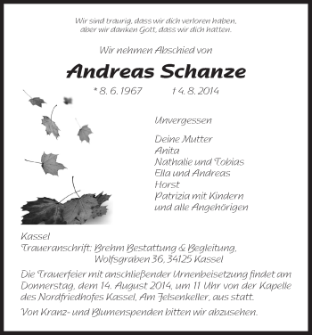 Traueranzeige von Andreas Schanze von HNA