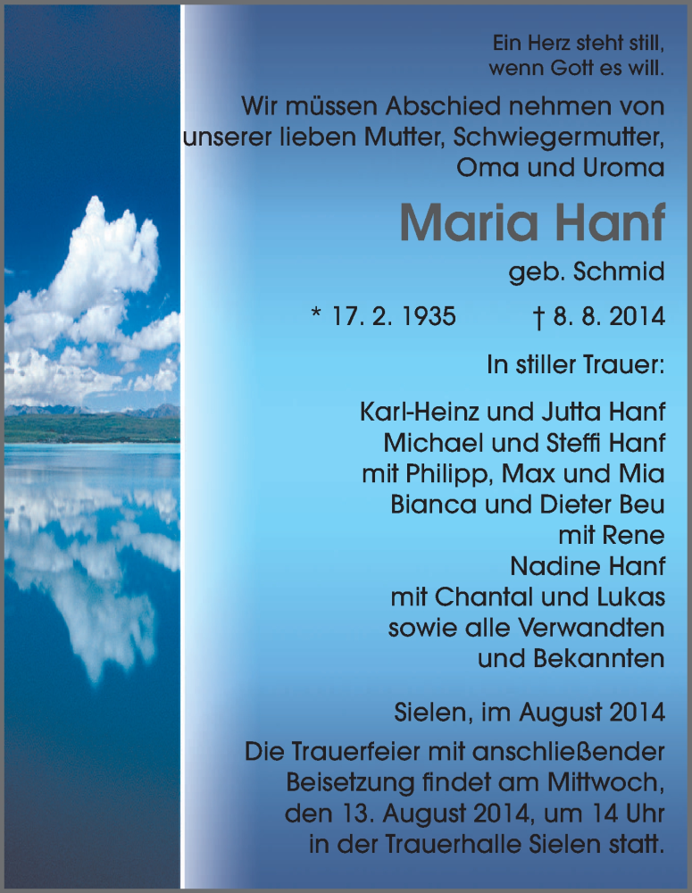  Traueranzeige für Maria Hanf vom 12.08.2014 aus HNA