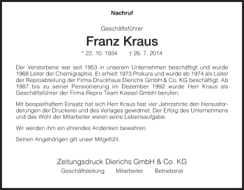 Traueranzeige von Franz Kraus von HNA