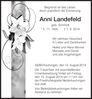 Traueranzeige von Anni Landefeld von HNA