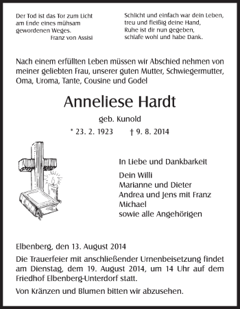 Traueranzeige von Anneliese Hardt von HNA