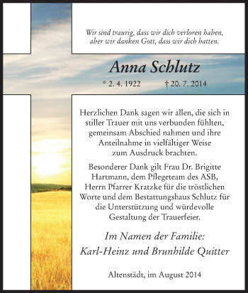 Traueranzeige von Anna Schlutz von HNA