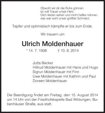 Traueranzeige von Ulrich Moldenhauer von HNA