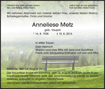 Traueranzeige von Anneliese Metz von HNA