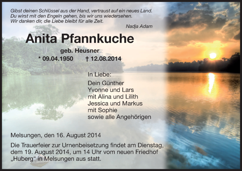  Traueranzeige für Anita Pfannkuche vom 16.08.2014 aus HNA