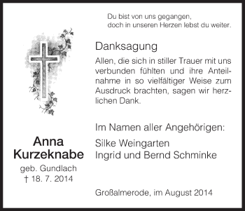 Traueranzeige von Anna Kurzeknabe von HNA